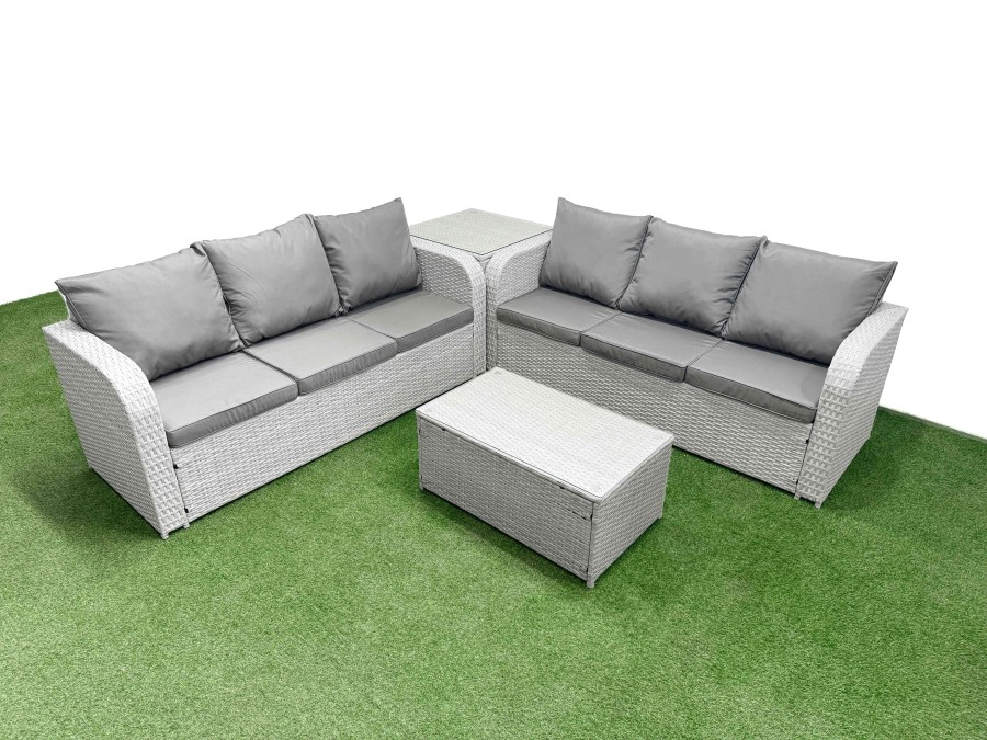 Click to view product details and reviews for Fimous Outdoor Garden Furniture Sets 6 Seater Wicker Rattan Furniture Sofa Sets With Rectangular Coffee Table High Back Lounge Sofa Side Table Light G.
