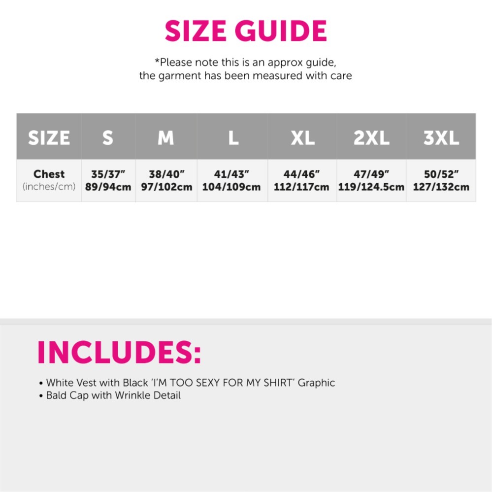 "I'm too sexy for my shirt" costume – white vest with black print & bald cap (adults)