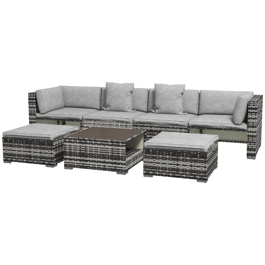Click to view product details and reviews for 7 Piece Rattan Patio Furniture Set With Sofa Footstools Coffee Table Side Shelves Cushions Pillows Mixed Grey.