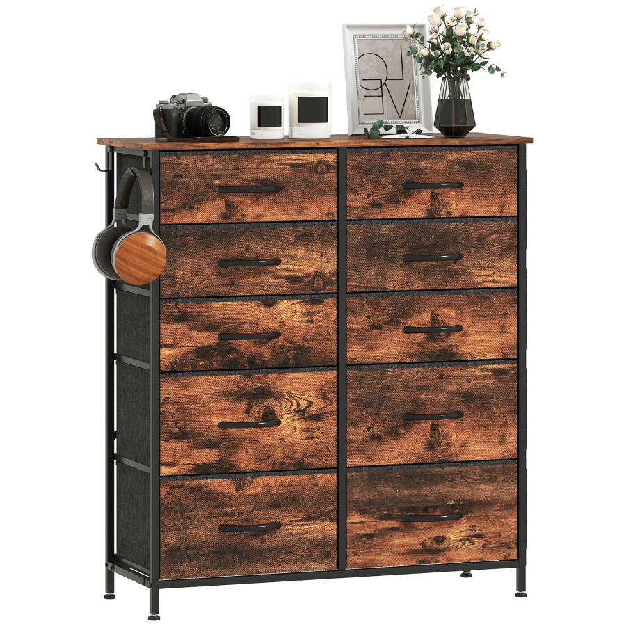 HOMCOM Fabric Chest of Drawers, 10 Drawer Dresser for Bedroom, Rustic Brown