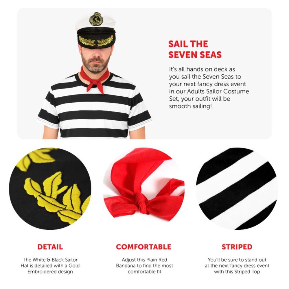 Adults Sailor Costume Set - Black & White Tee, Captain Hat & Red Bandana