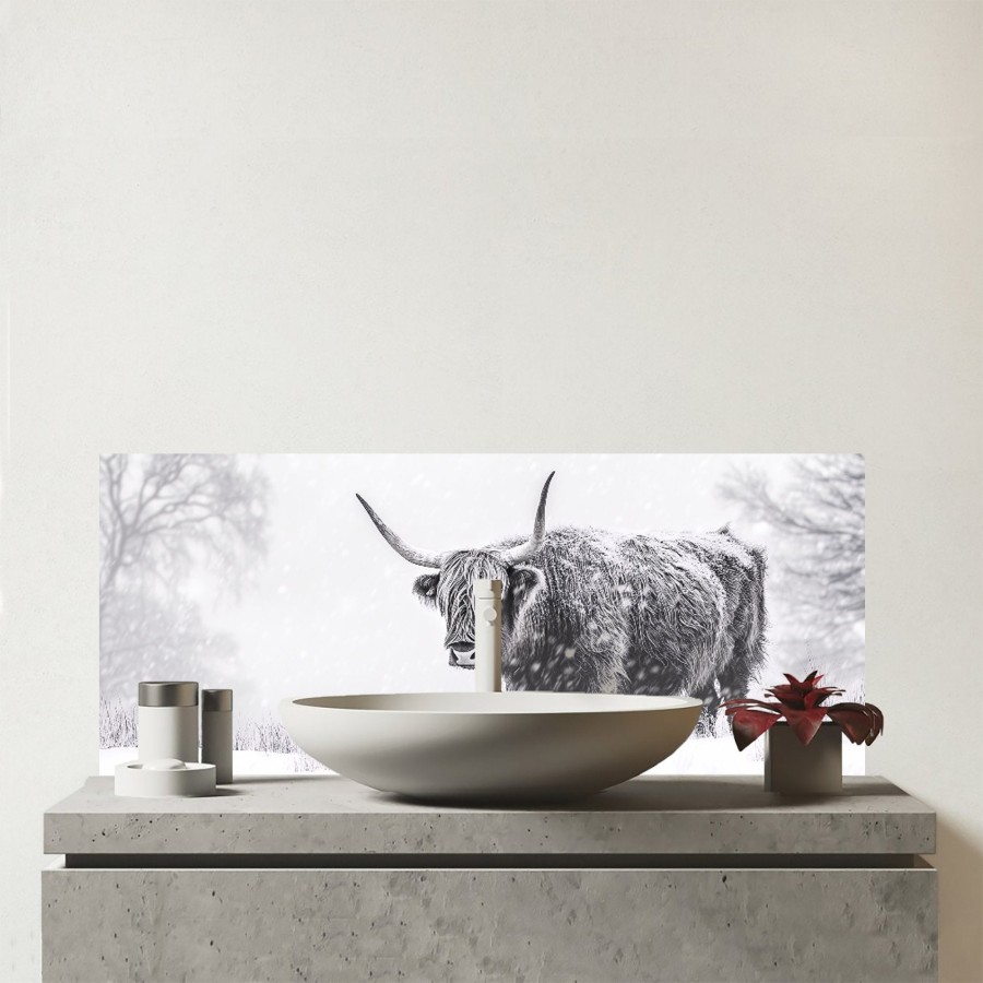 Click to view product details and reviews for Snowy Black And White Highland Cow Glass Bathroom Splashback.