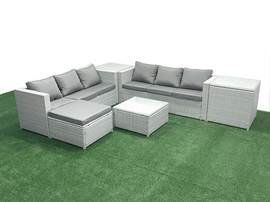 Click to view product details and reviews for Fimous Rattan Garden Outdoor Furniture Set 7 Seater Rattan Garden Sofa Set With Big Footstool 2 Side Tables Light Grey Mixed.