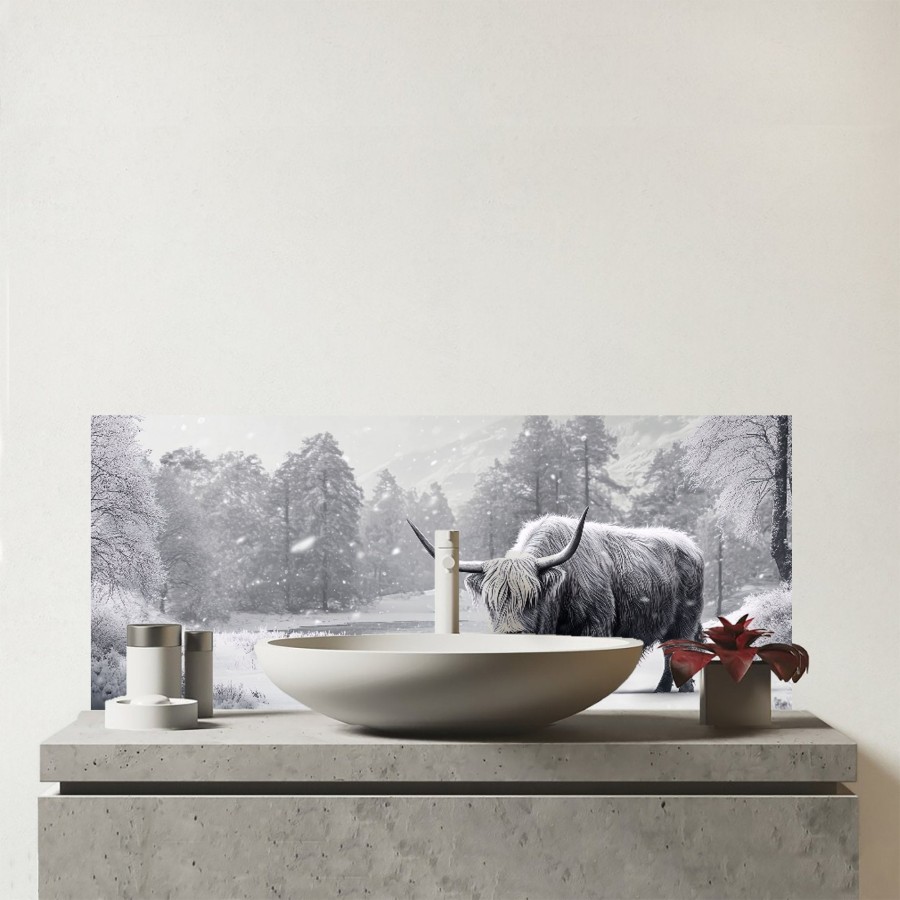Click to view product details and reviews for Snow Storm Highland Cow Glass Bathroom Splashback.