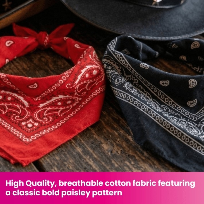 Adults Brown & Black Star Studded Cowboy Hats with Red & Black Paisley Bandanas | Western Fancy Dress Accessory Set