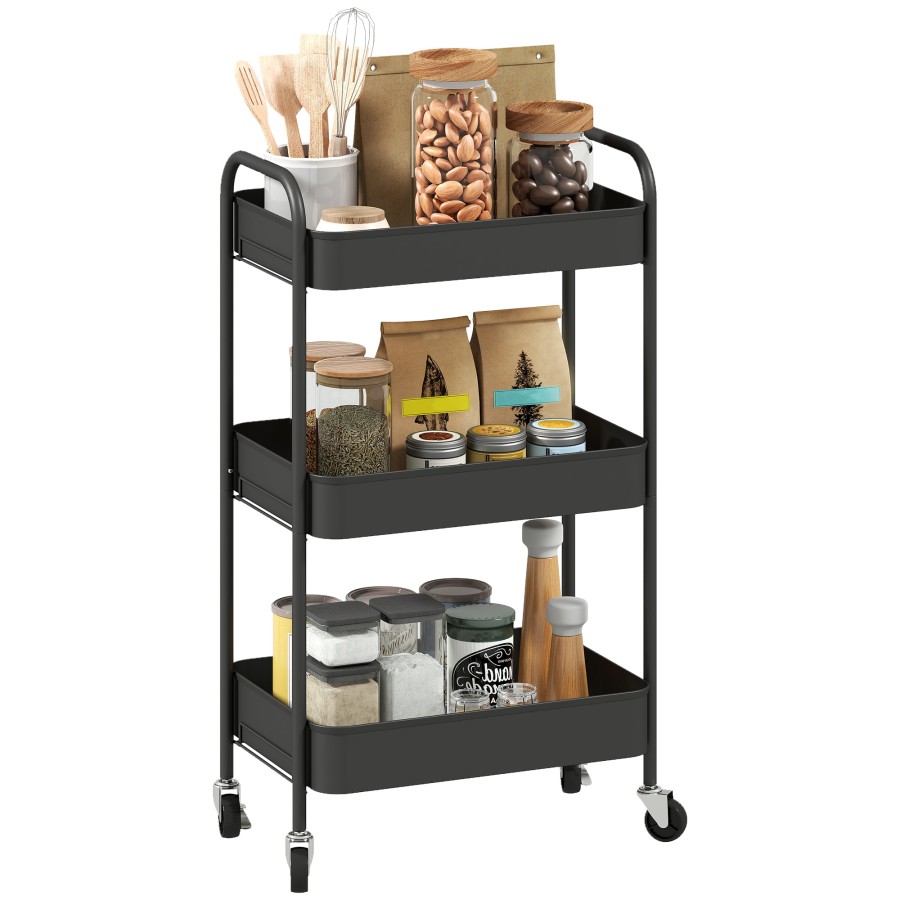 Click to view product details and reviews for Homcom 3 Tier Storage Trolley On Wheels Metal Storage Cart Rolling Ultility Cart With 3 Mesh Baskets For Living Room Kitchen Black.