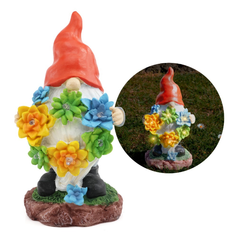 Class B | Solar Gonk Garden Statue with Succulents & LED Lights - 22cm (8.5 Inch) – Enchanting Outdoor Ornament for Magical Evenings (Minor Defects)