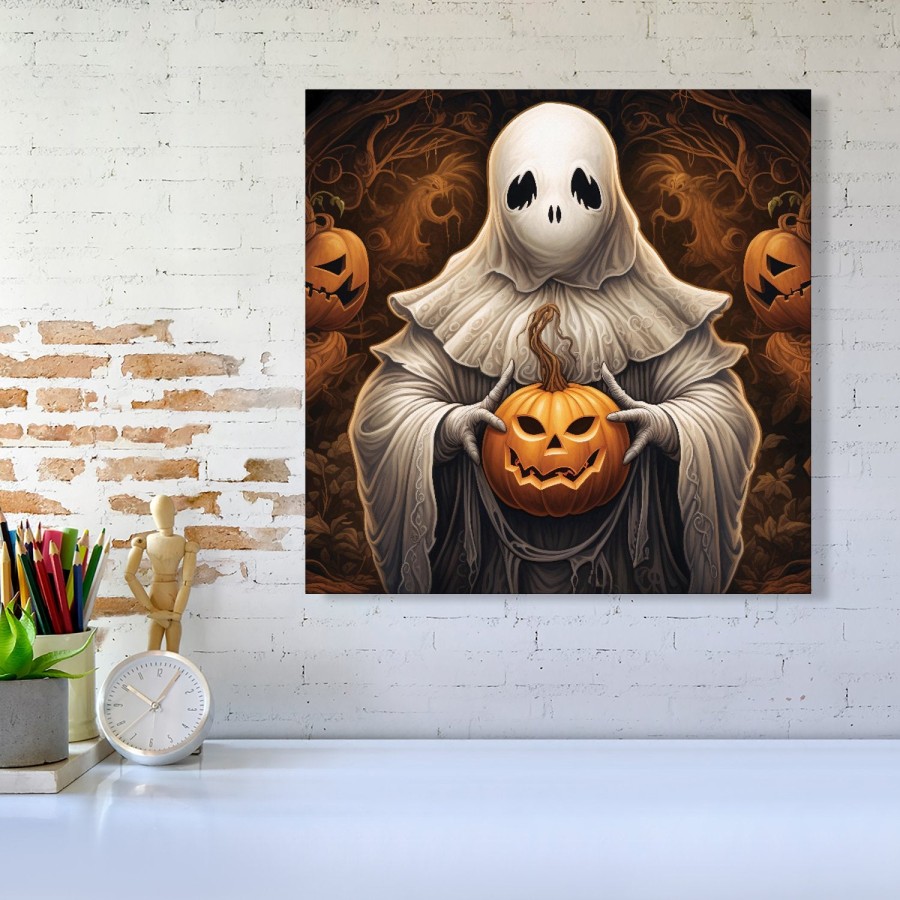 Warren Reed Spooky White Ghost Holding Pumpkin Canvas - Large 30" X 30"
