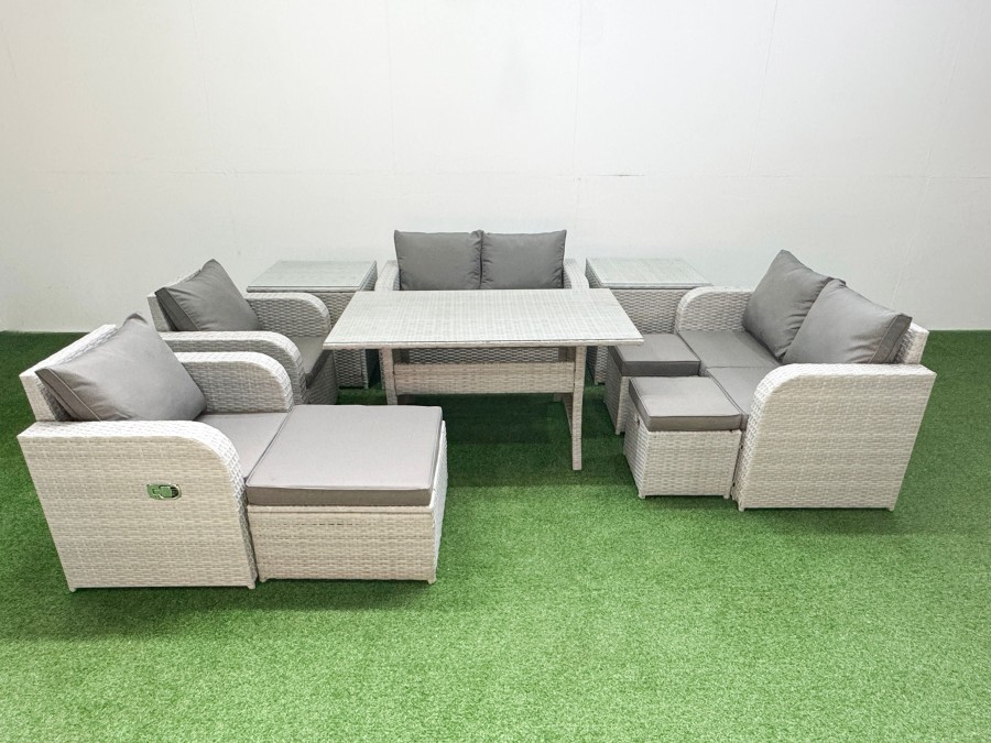 Click to view product details and reviews for Fimous 9 Seater Outdoor Reclining Chair Love Sofa Set Rattan Garden Furniture Set With Rectangular Dining Table 3 Stools 2 Side Table Light Grey.