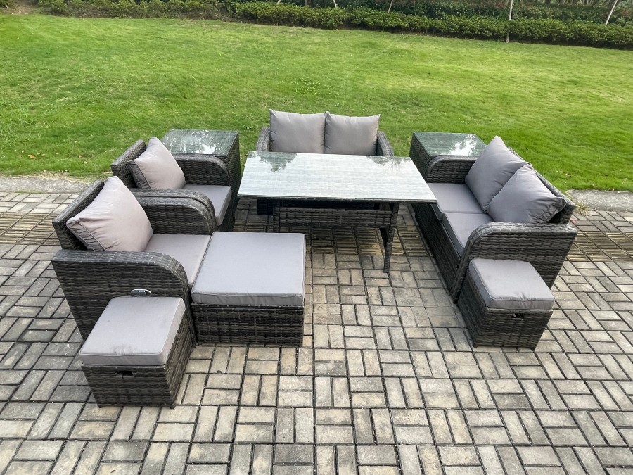 Fimous Outdoor Rattan Garden Furniture 10 piece Grey Patio Furniture Set 9 Seater Lounge Sofa Set with Rectangular Table Reclining Chairs 3 Stools 2 Side Tables