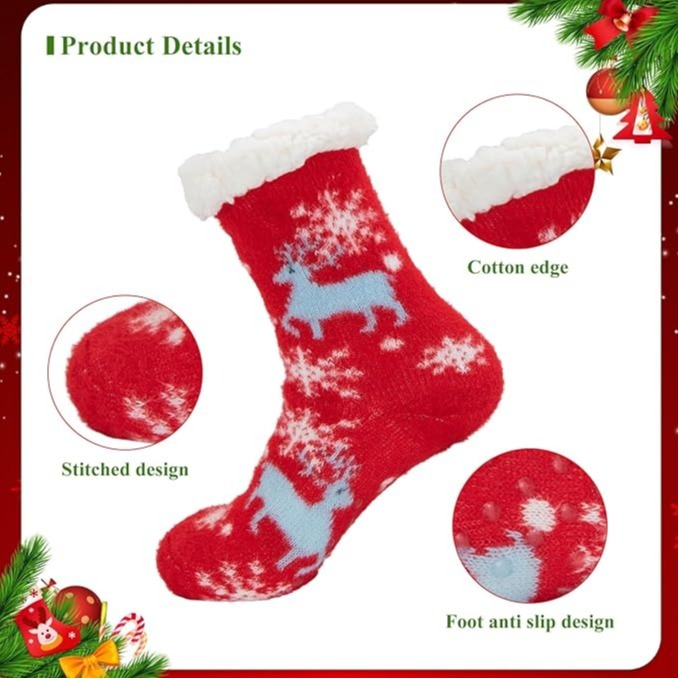 Christmas Slipper Socks Fluffy Fleece Lined Non-Slip Thermal Winter Socks Extra Warm Cozy Knit Bed Socks for Women Xmas Gift