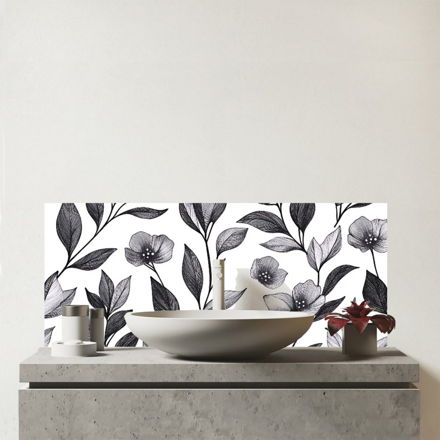 Click to view product details and reviews for Hand Drawn Leaves And Flowers Glass Bathroom Splashback.