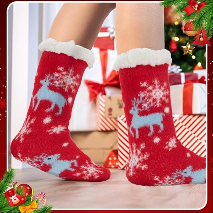 Christmas Slipper Socks Fluffy Fleece Lined Non-Slip Thermal Winter Socks Extra Warm Cozy Knit Bed Socks for Women Xmas Gift