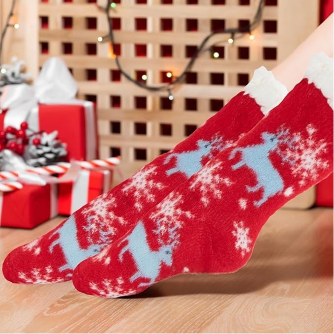 Christmas Slipper Socks Fluffy Fleece Lined Non-Slip Thermal Winter Socks Extra Warm Cozy Knit Bed Socks for Women Xmas Gift