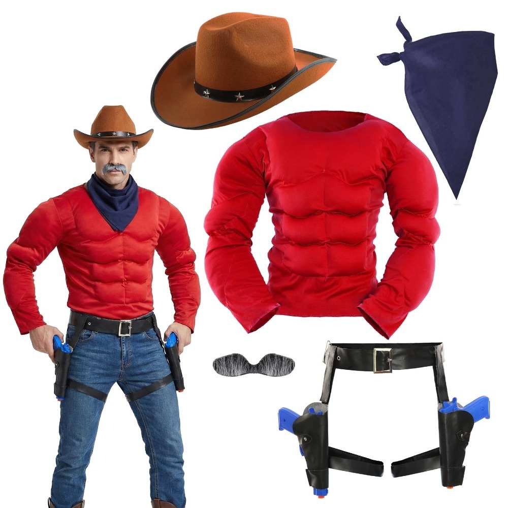 Click to view product details and reviews for Mens Desperate Dan Costume 5 Pcs Muscle Chest Hat Bandana Gun Holster Tash Standard.