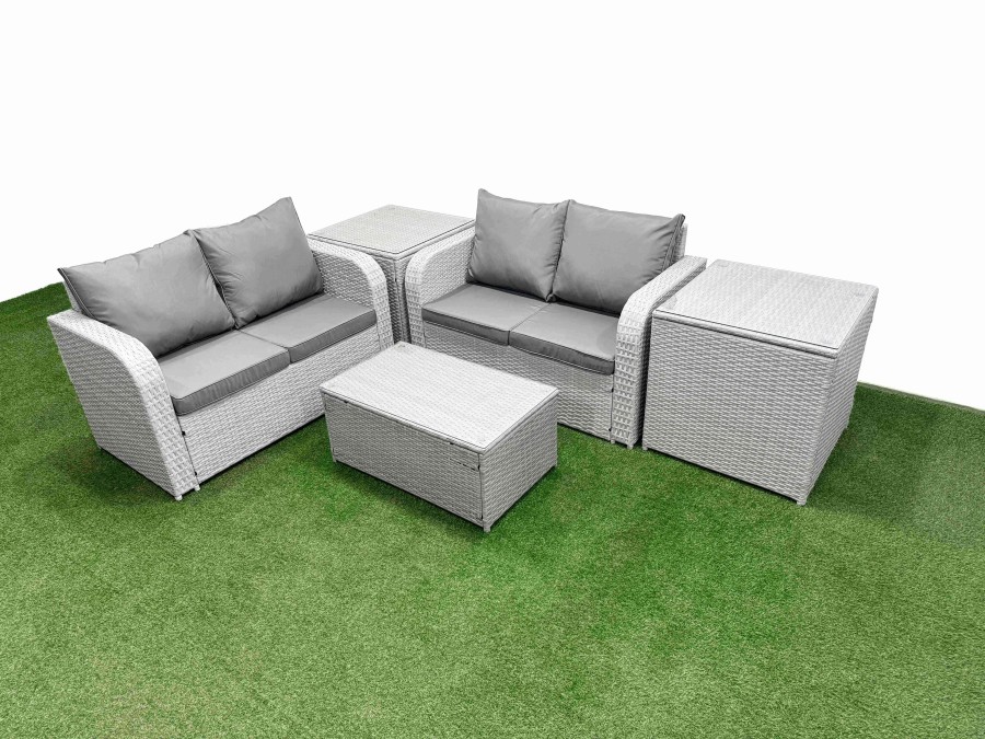 Click to view product details and reviews for Fimous 4 Seater Outdoor Love Sofa Set Rattan Garden Furniture Set With Rectangular Coffee Table 2 Side Tables Light Grey.