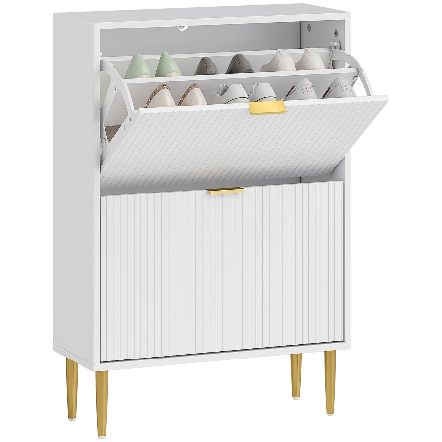 Click to view product details and reviews for Homcom Narrow Shoe Cabinet With 2 Flip Drawers Modern Slim Shoe Storage Cabinet With Fluted Doors And Adjustable Shelves For Hallway Holds 12 Pairs.