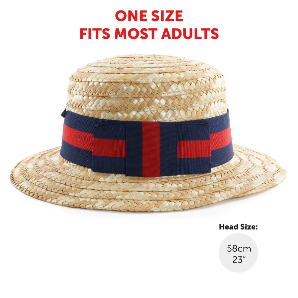 Straw Boater Hat with Blue & Red Ribbon