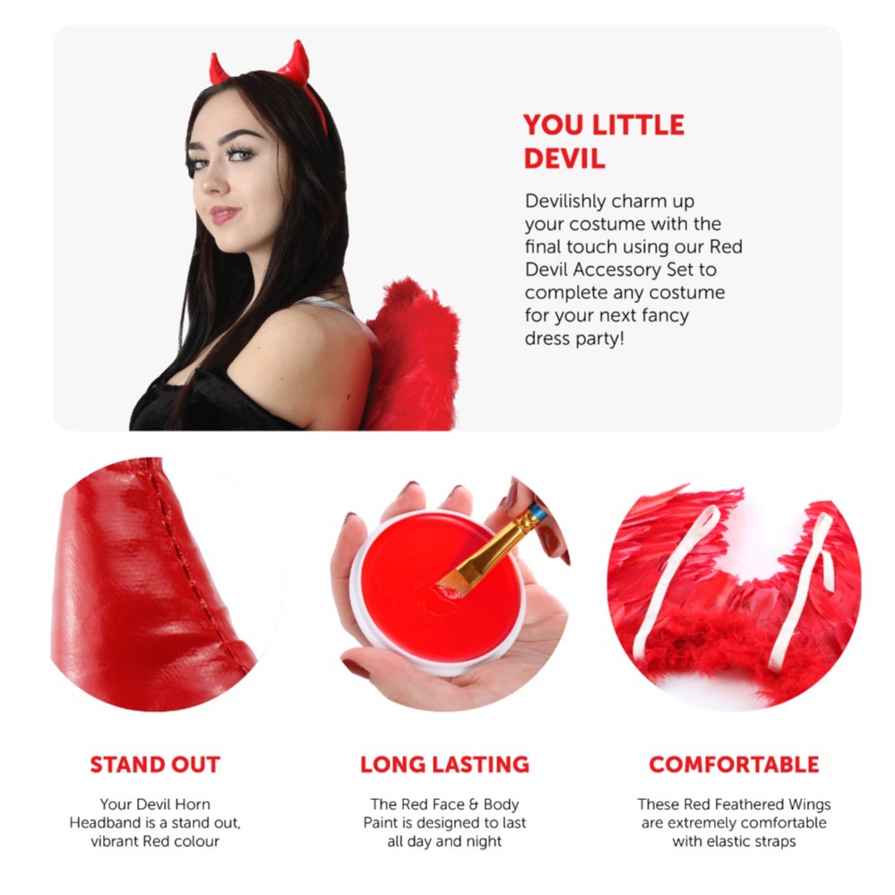 Devil Costume Set | 3 Pcs | Red Horns, Wings & Face Paint