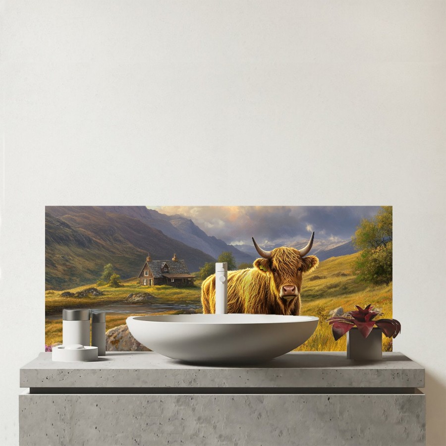 Click to view product details and reviews for Springtime Highland Cow Glass Bathroom Splashback.