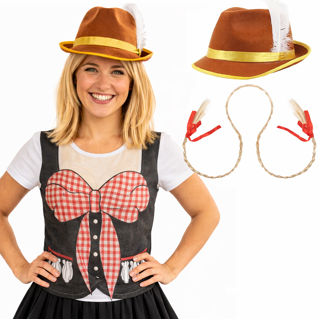 Click to view product details and reviews for Ladies Oktoberfest Bavarian Costume 3 Pcs T Shirt Hat Plait Headband Brown Hat.