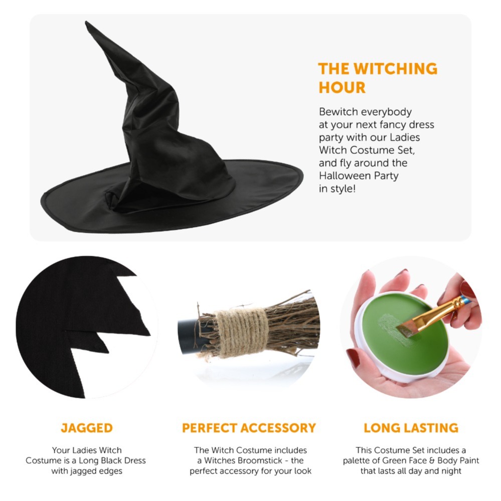Ladies Witch Costume - Dress Hat, Broom & Green Face Paint