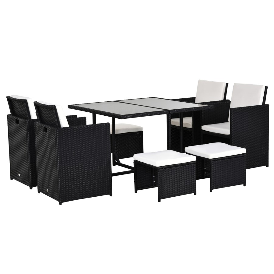 Click to view product details and reviews for Outsunny 9 Pieces Pe Rattan Cube Garden Furniture Set With Cushions Outdoor Dining Table Set With 4 Armchair 4 Stool And Square Glass Top Table Bl.