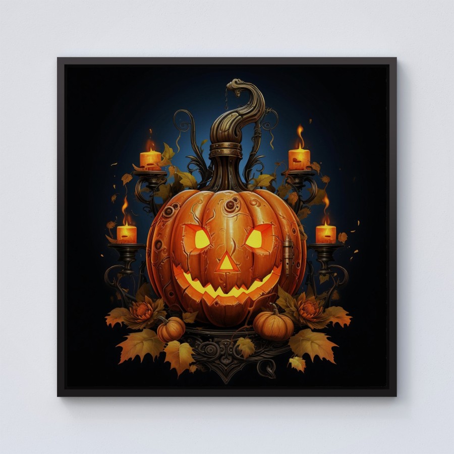 Click to view product details and reviews for Spooky Pumpkin With Leaves And Small Candles Framed Canvas 10 X 10 Black.