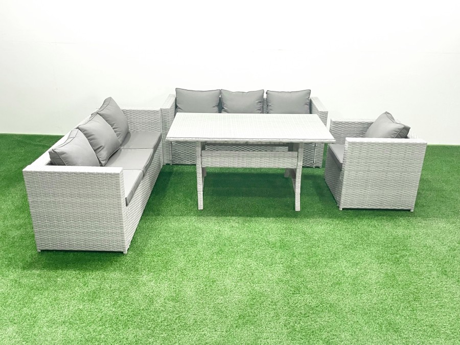 Click to view product details and reviews for Fimous 4 Pieces Outdoor Rattan Sofa Set With Cushions Patio Garden Furniture Sets With Armchair Dining Table Light Grey Mixed.