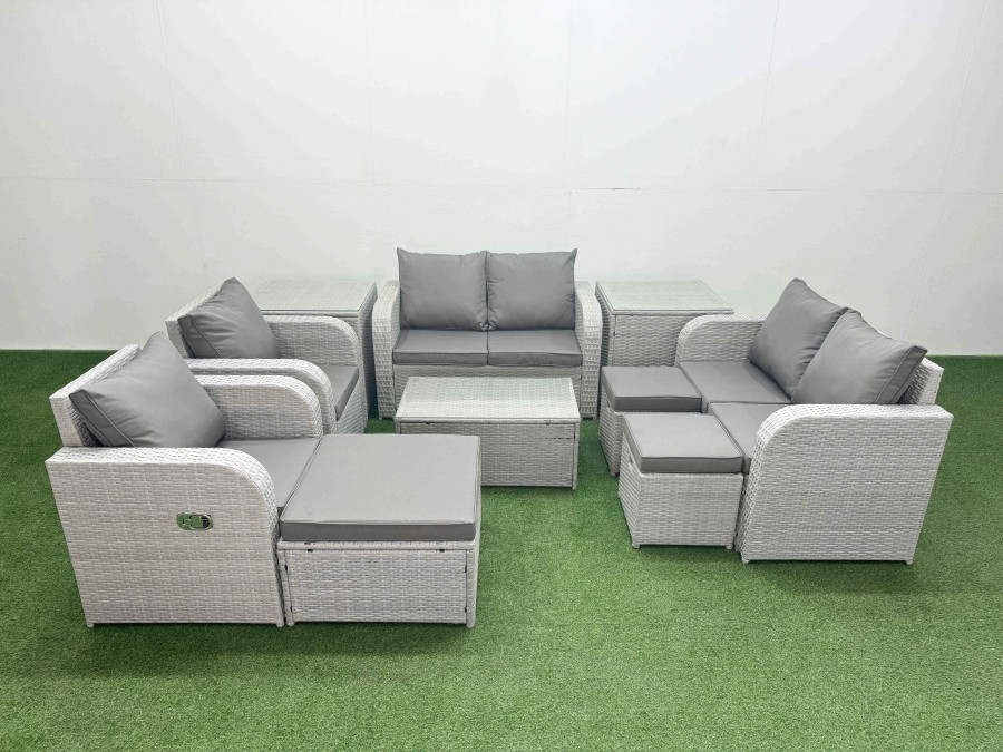 Click to view product details and reviews for Fimous 9 Seater Outdoor Reclining Chair Love Sofa Set Rattan Garden Furniture Set With Rectangular Coffee Table 3 Stools 2 Side Table Light Grey.