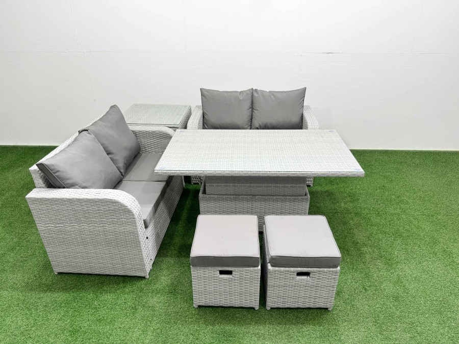 Click to view product details and reviews for Fimous 6 Seater Outdoor Love Sofa Set Rattan Garden Furniture Set With Adjustable Lifting Dining Or Coffee Table 2 Small Stools Side Table Light Grey.