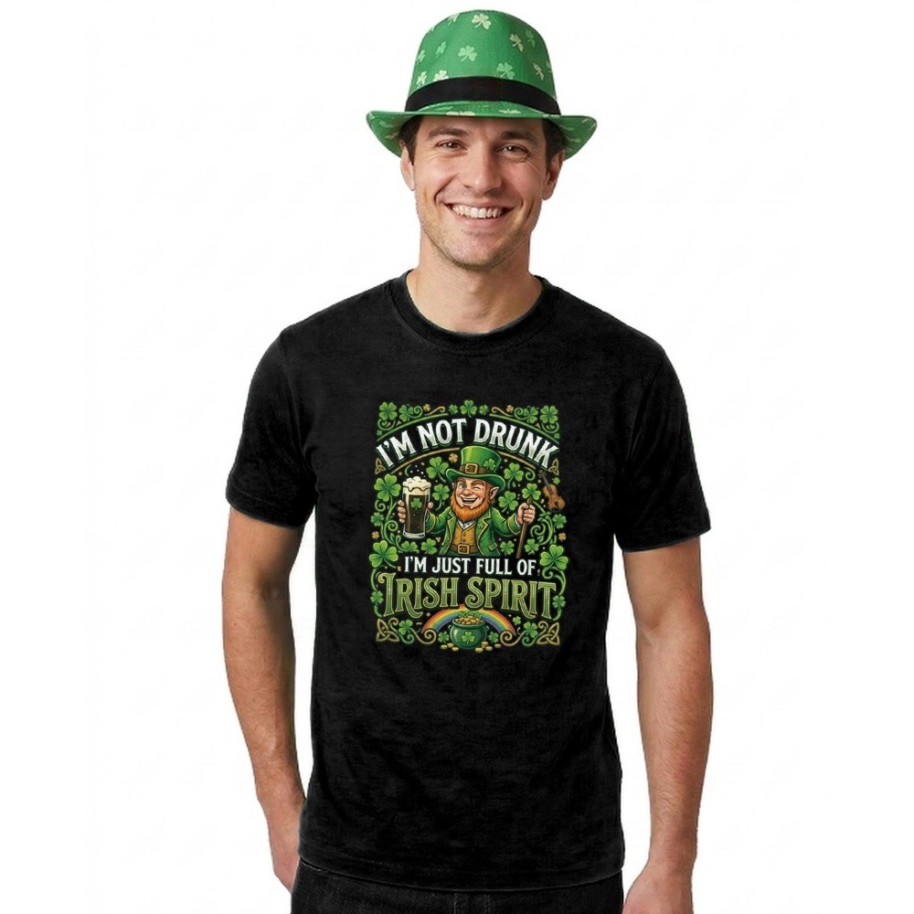 Click to view product details and reviews for Adults Funny St Patricks Day Costume Trilby Hat T Shirt &ldquo;im Not Drunk Im Just Full Of Irish Spirit Black Tee With Green Print Large.