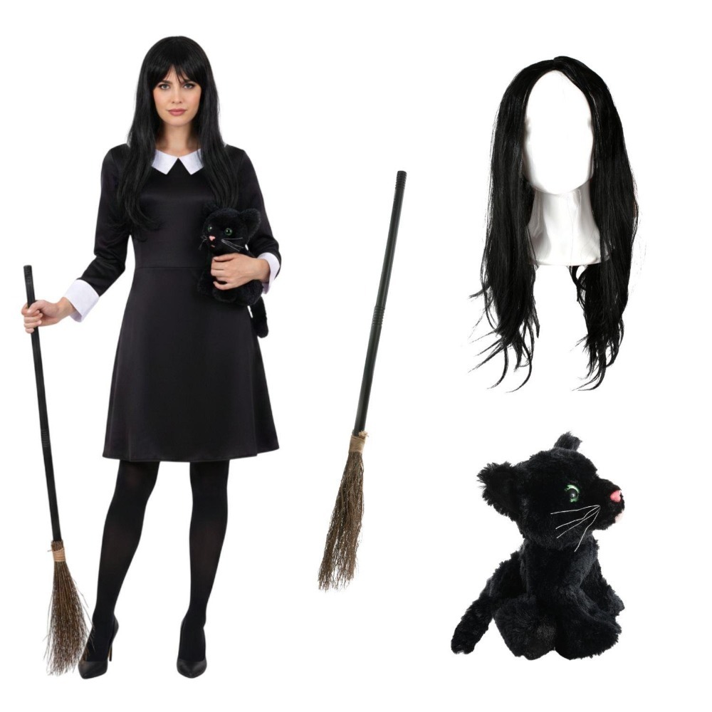 Click to view product details and reviews for Ladies Hooky Witch Costume 4 Pcs Collared Dress Broom Cat Toy Wig Large.
