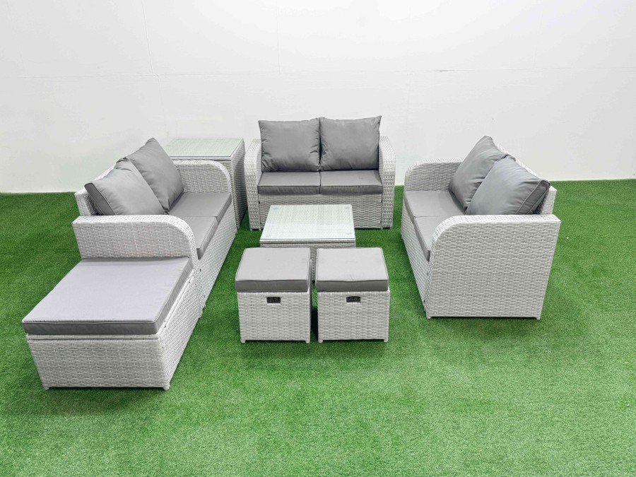 Click to view product details and reviews for Fimous 9 Seater Pe Wicker Rattan Furniture Sofa Sets With Square Coffee Table 2 Seater Love Sofa 3 Stool Side Table Light Grey.