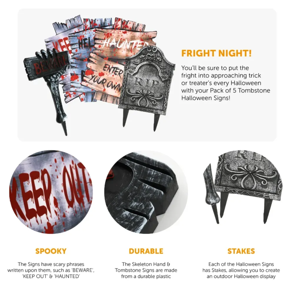 Halloween Tombstone Decorations - 5 Pack Indoor and Outdoor Fancy Dress Prop Bundle