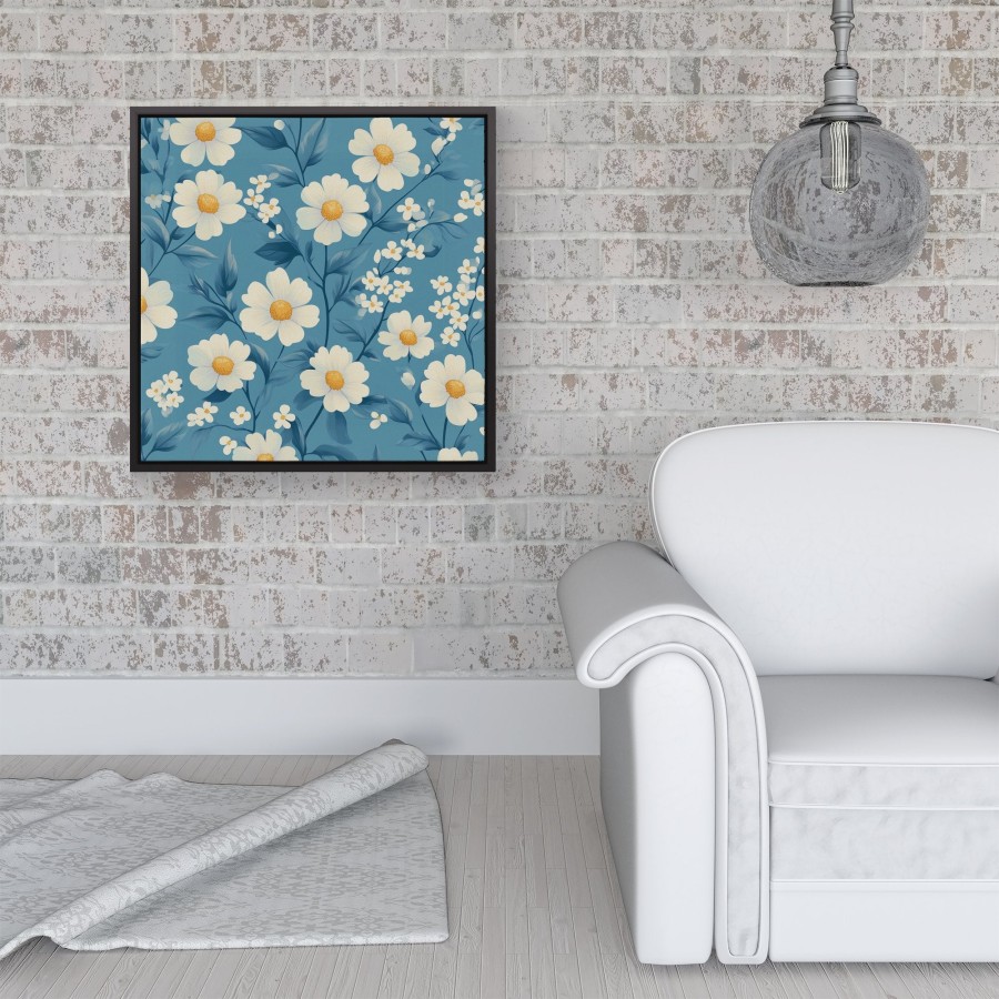 Click to view product details and reviews for Blue And White Spring Daisies Framed Canvas 16 X 16 Black.