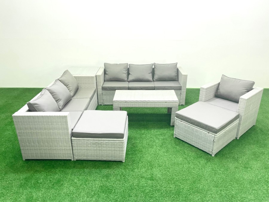 Click to view product details and reviews for Fimous Wicker Pe Rattan Sofa Garden Furniture Set With Oblong Coffee Table Armchair 2 Big Footstools Side Table Light Grey Mixed.