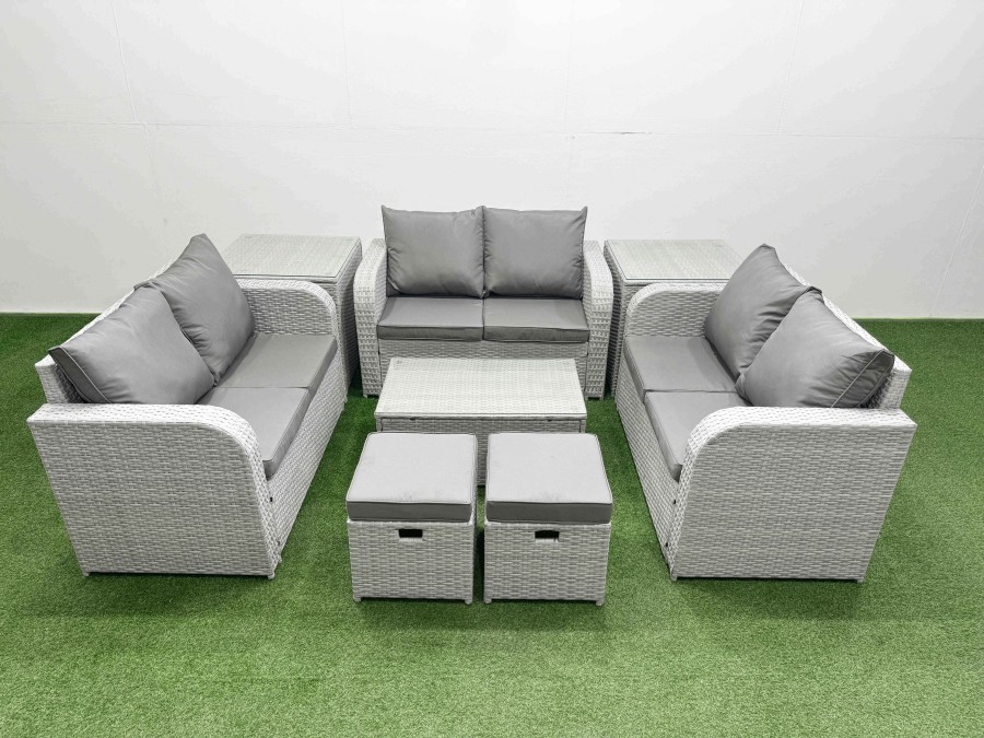 Click to view product details and reviews for Fimous 9 Seater Pe Wicker Rattan Furniture Sofa Sets With Rectangular Coffee Table 2 Seater Love Sofa 3 Stool 2 Side Table Light Grey.