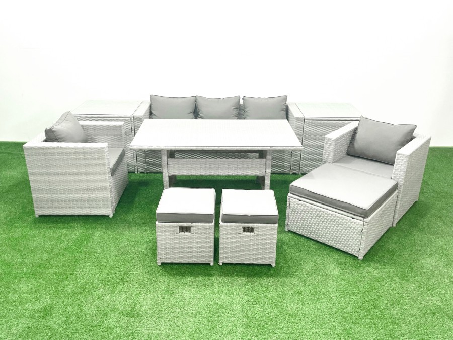 Click to view product details and reviews for Fimous Garden Dining Set Outdoor Rattan Furniture Set With Sofa Dining Table 2 Chairs 3 Footstools 2 Side Tables Light Grey Mixed.