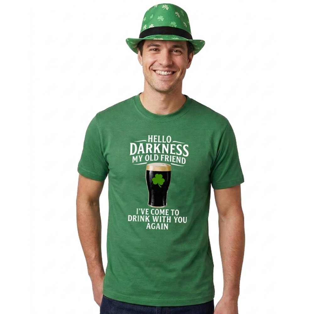 Click to view product details and reviews for Adults Funny St Patricks Day Costume Trilby Hat T Shirt &ldquo;hello Darkness My Old Friend Ive Come to Drink with You Again&rdquo; Green Tee with Whit.