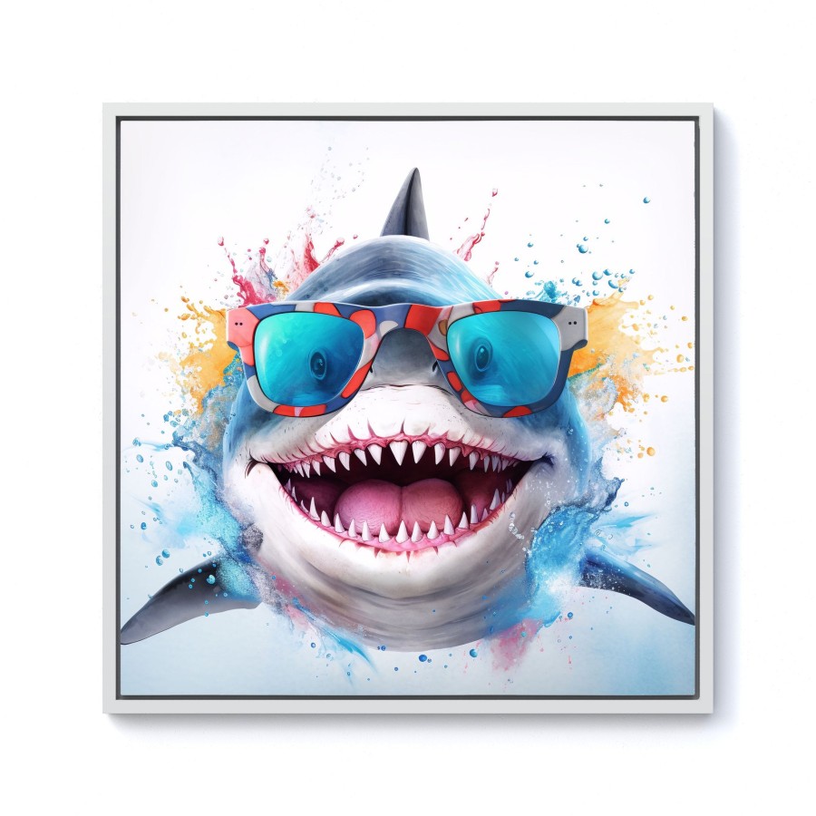Click to view product details and reviews for Splashart Shark In Glasses Framed Canvas 10 X 10 White.