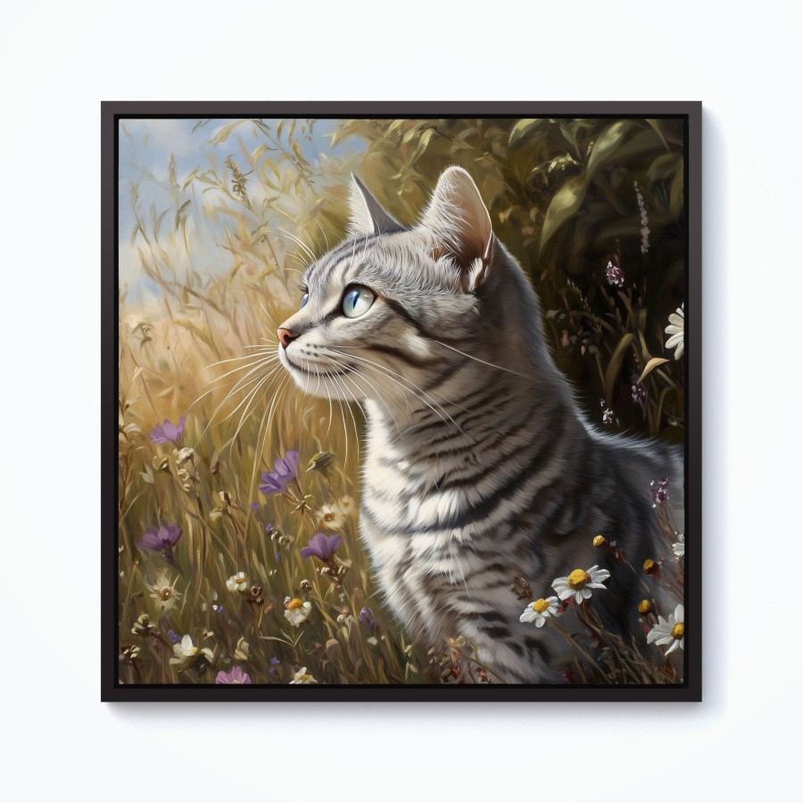 Click to view product details and reviews for Silver Tabby Cat In A Spring Meadow Framed Canvas 10 X 10 Black.
