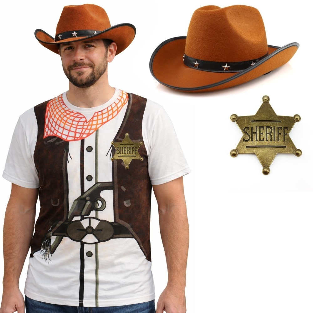 Click to view product details and reviews for Adults Cowboy Costume 3 Pcs T Shirt Brown Cowboy Hat Gold Badge Large.