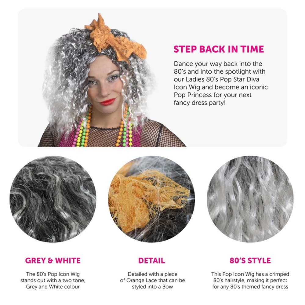 Ladies 80s Pop Diva Wig with Orange Bow