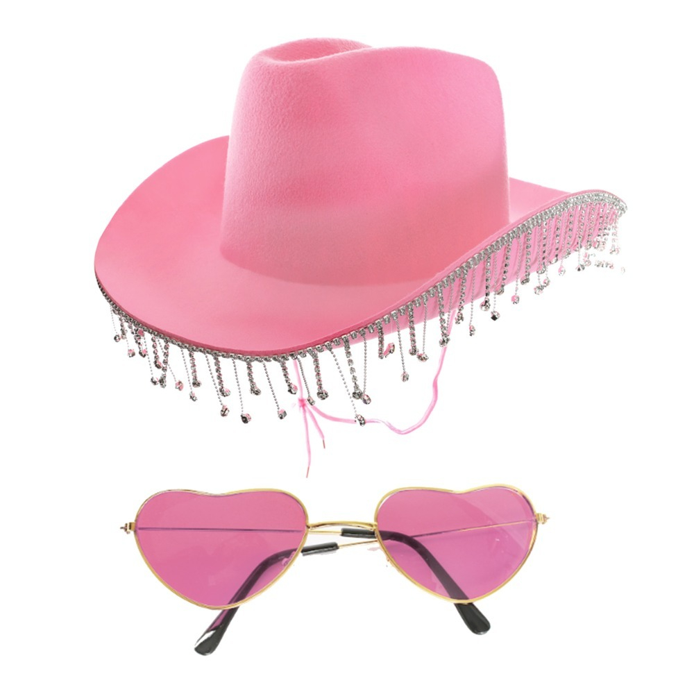Click to view product details and reviews for Pink Cowboy Hat With Diamantes Pink Heart Glasses Pack Of 1.