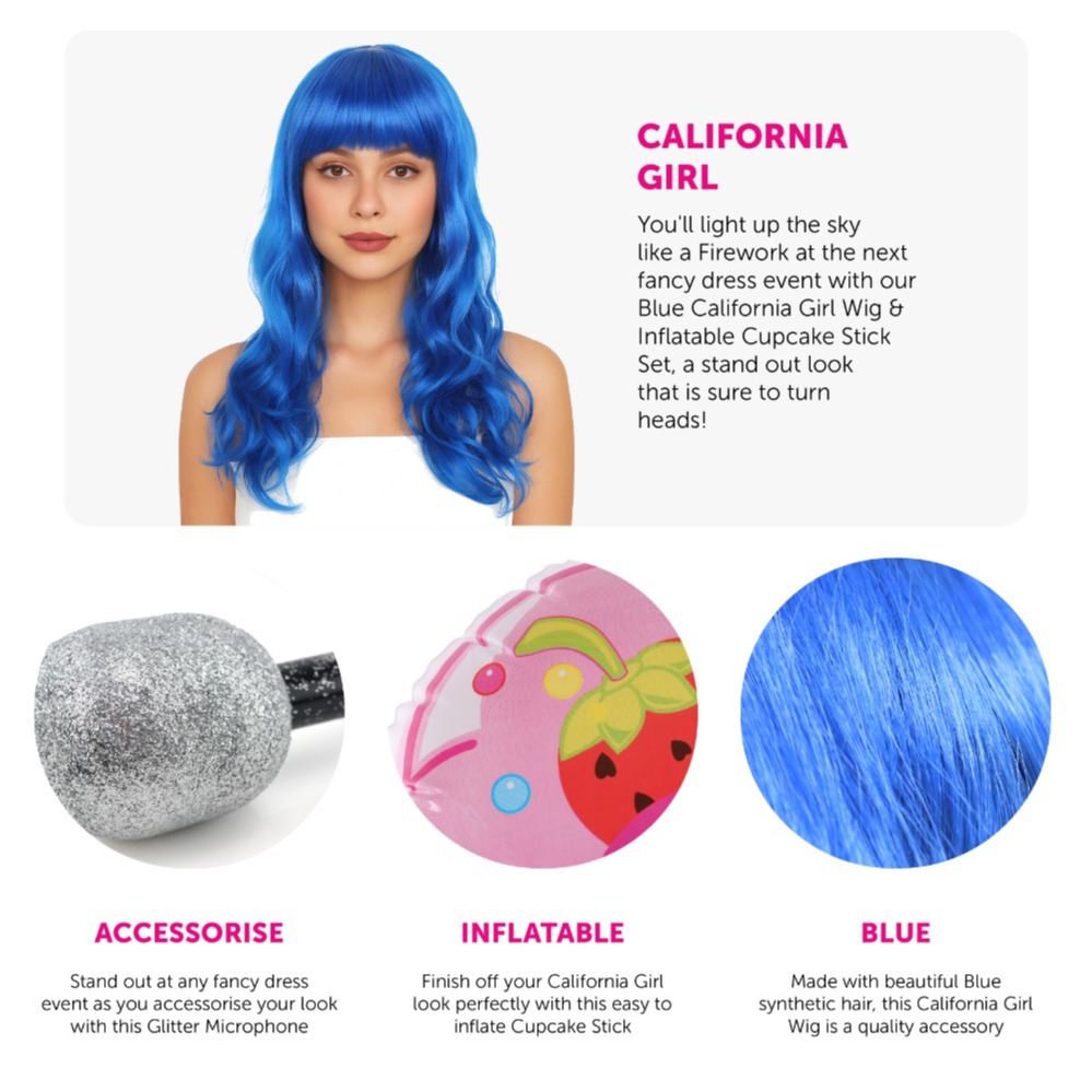 California Girl Accessory Set - Wig, Microphone & Inflatable Cupcake Stick