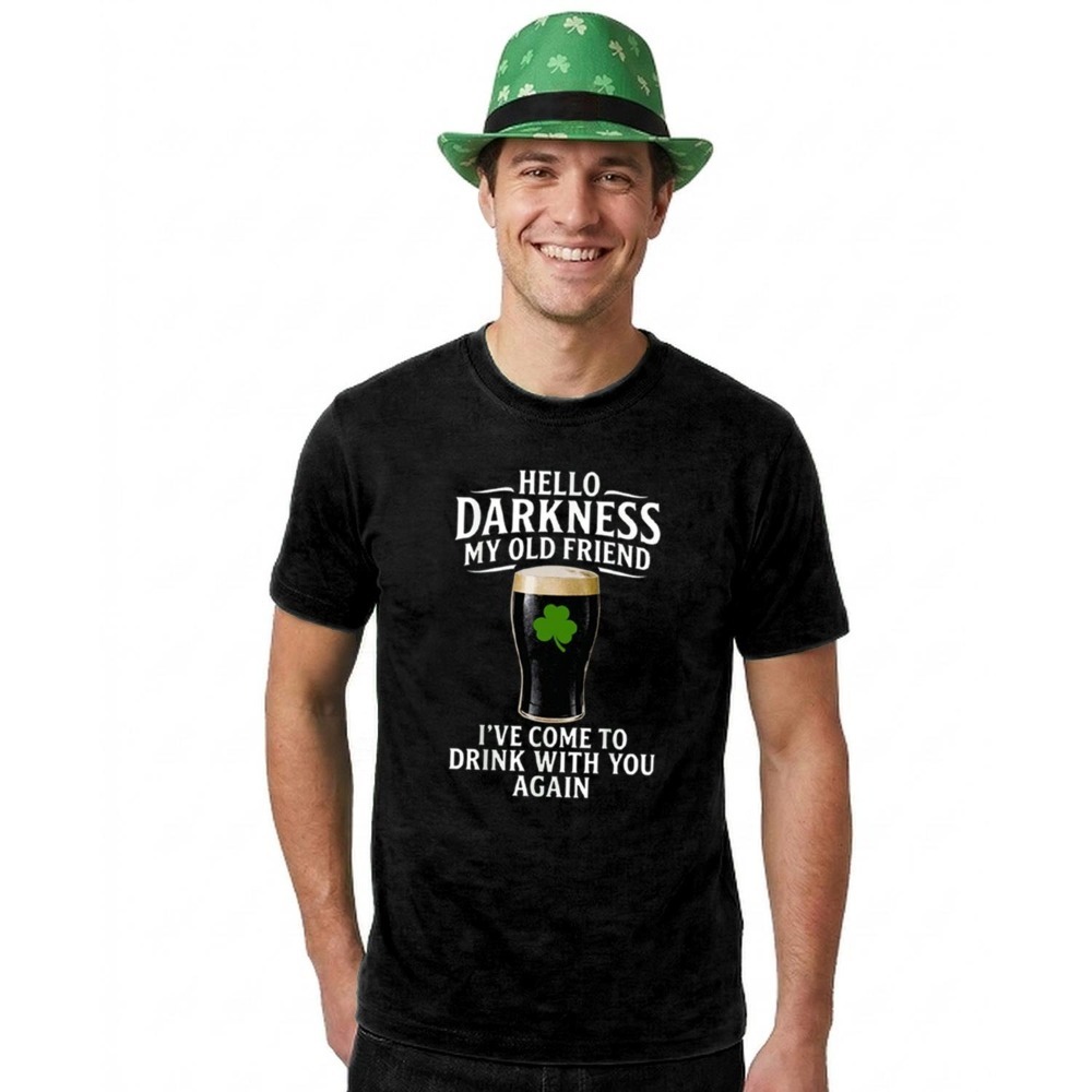 Click to view product details and reviews for Adults Funny St Patricks Day Costume Trilby Hat T Shirt &ldquo;hello Darkness My Old Friend Ive Come To Drink With You Again&rdquo; Black Tee With Whit.