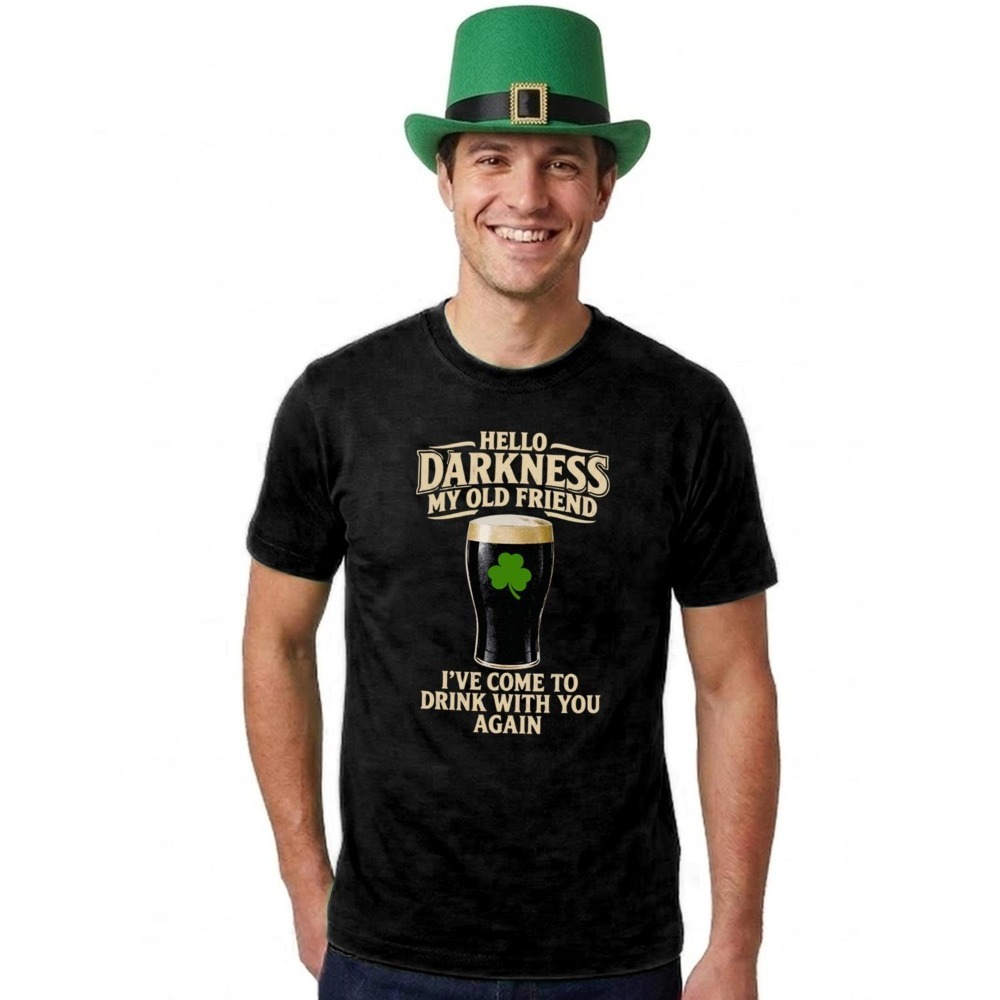 Click to view product details and reviews for Adults Funny St Patricks Day Costume Top Hat T Shirt &ldquo;hello Darkness My Old Friend Ive Come To Drink With You Again&rdquo; Black Tee With Beige P.