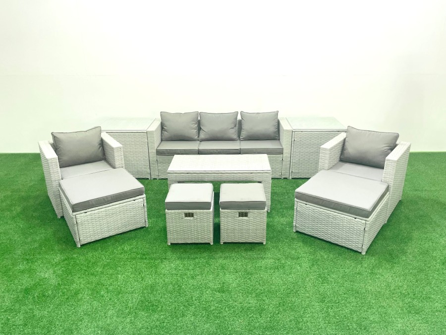 Click to view product details and reviews for Fimous Rattan Garden Furniture Set Outdoor Lounger Sofa With Coffee Table 4 Footstools 2 Side Tables Light Grey Mixed 9 Seater.