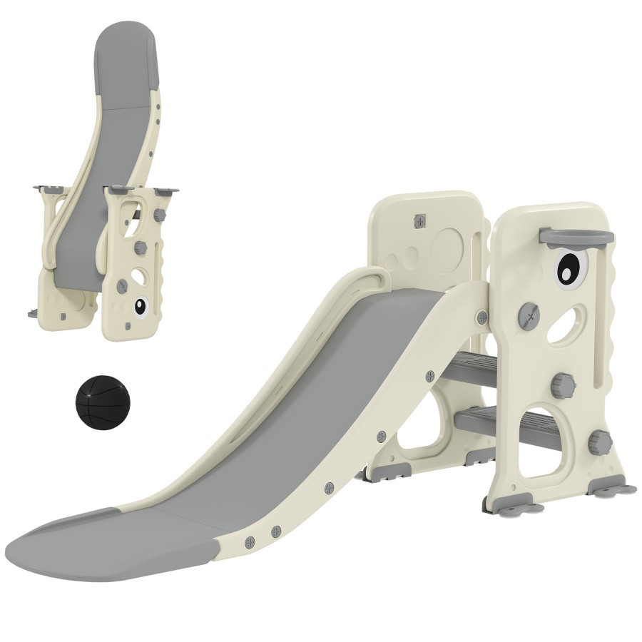 AIYAPLAY Foldable Kids Slide with Climber, Basketball Hoop, Cream White
